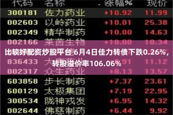 比较好配资炒股平台 6月4日佳力转债下跌0.26%，转股溢价率106.06%